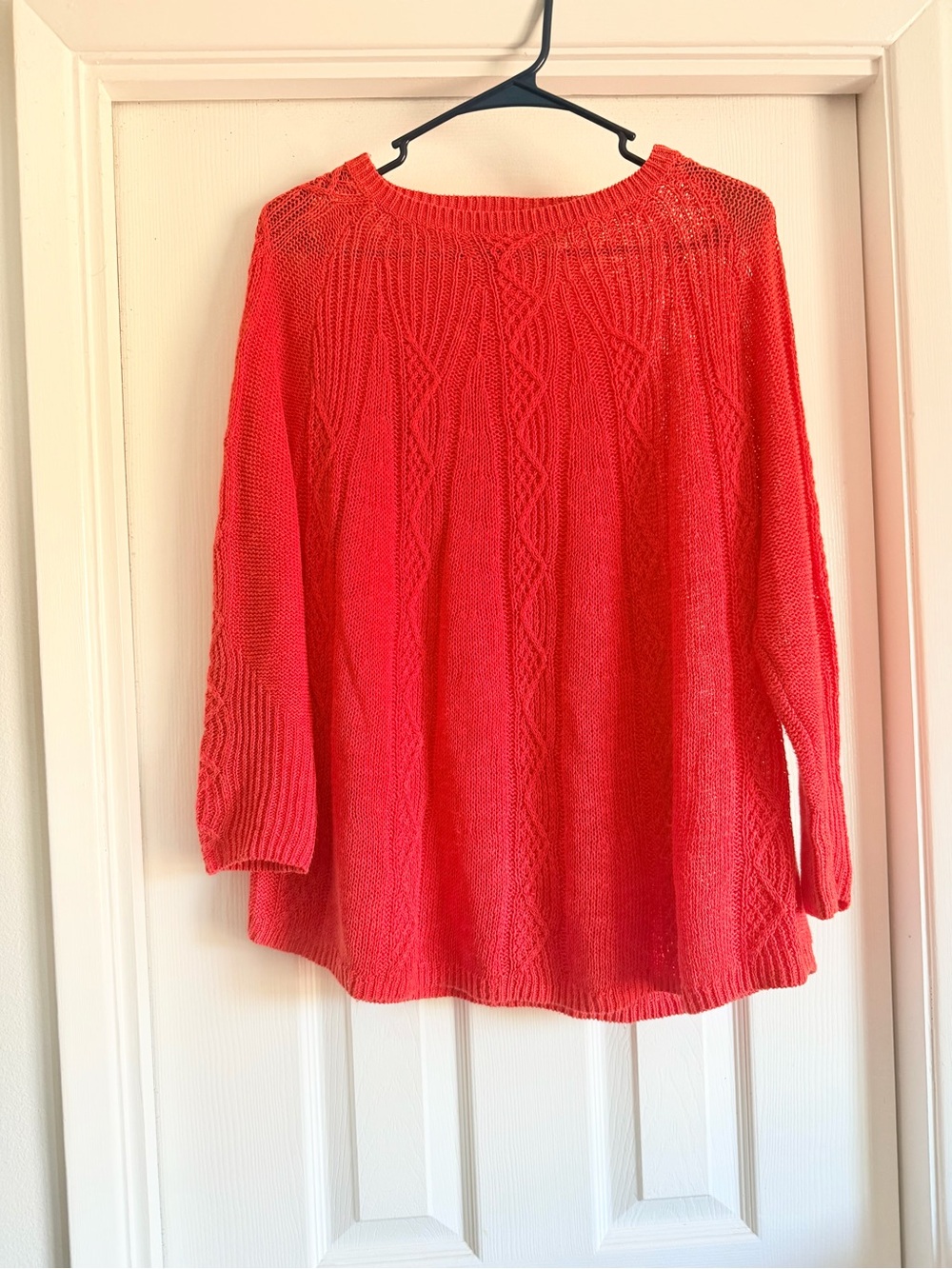 Anthropologie Rosie Neira Coral Red Linen Blend Cable Knit Sweater M